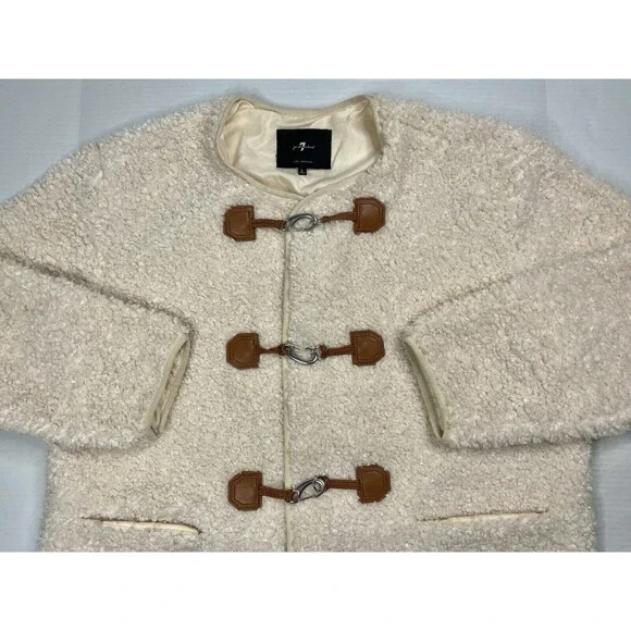 7 For All Mankind Womens Large Sherpa Teddy Shacket Oversized Cream Soft Preppy - Picture 4 of 13